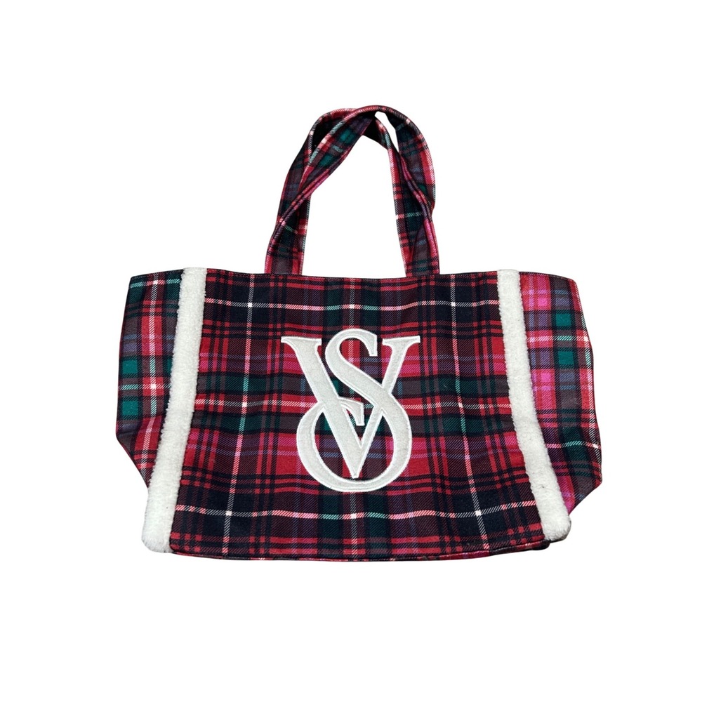 Victoria's Secret Plaid Tote Bag White Sherpa Trim VS Logo Large Christmas